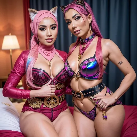 Two:2 prostitute Beautiful and gorgeous Hijab Malay sexy body, big breast, malay, The whole body consists of a young girl with hijab Kimono, Eye makeup, 38 year old, Cat ears, Soft lighting, groups, Wear shabby clothes, Dirty, Tattered futuristic military ...