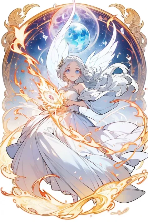 Beautiful completely white lady covered in white flames dancing elegantly, magic, fantasy, fairy tales, fairy tales for children, white flames, white fire, magical fire, magical flame, white flame.