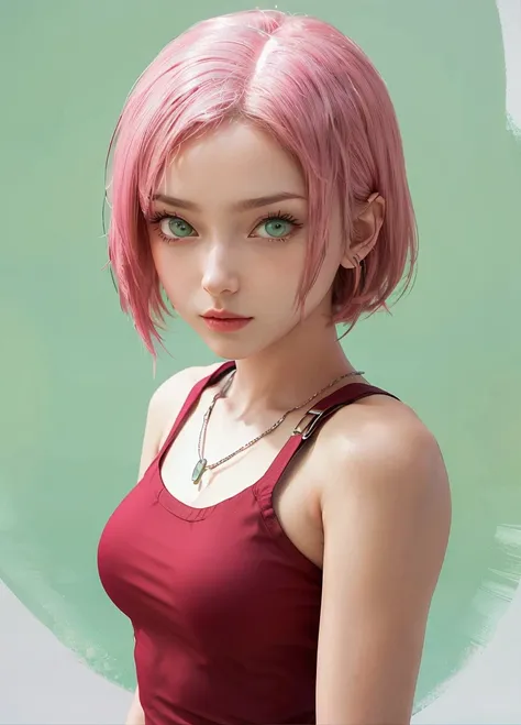 young woman, short shoulder-length pink hair, wide forehead, porcelain skin, pink eyebrows, big emerald green eyes, buttoned nose, full lips, heart-shaped face, slender body, small breasts, red tank top, Sakura Haruno , realistic, realism, details, 3d, wel...