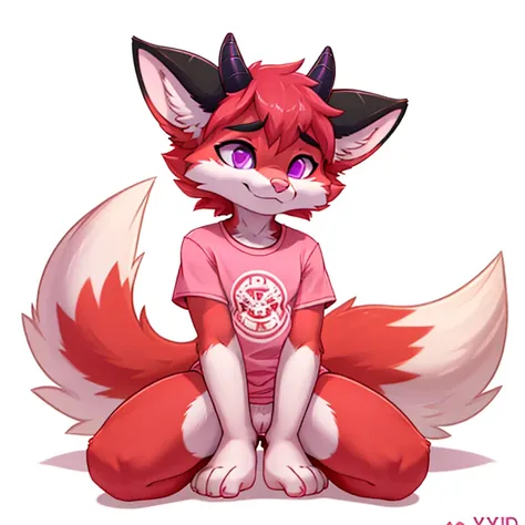 anthropomorphic male crimson fox with pink nose, black ears, horns and purple eyes, two tails, fullbody view, solo, on knees, wh...