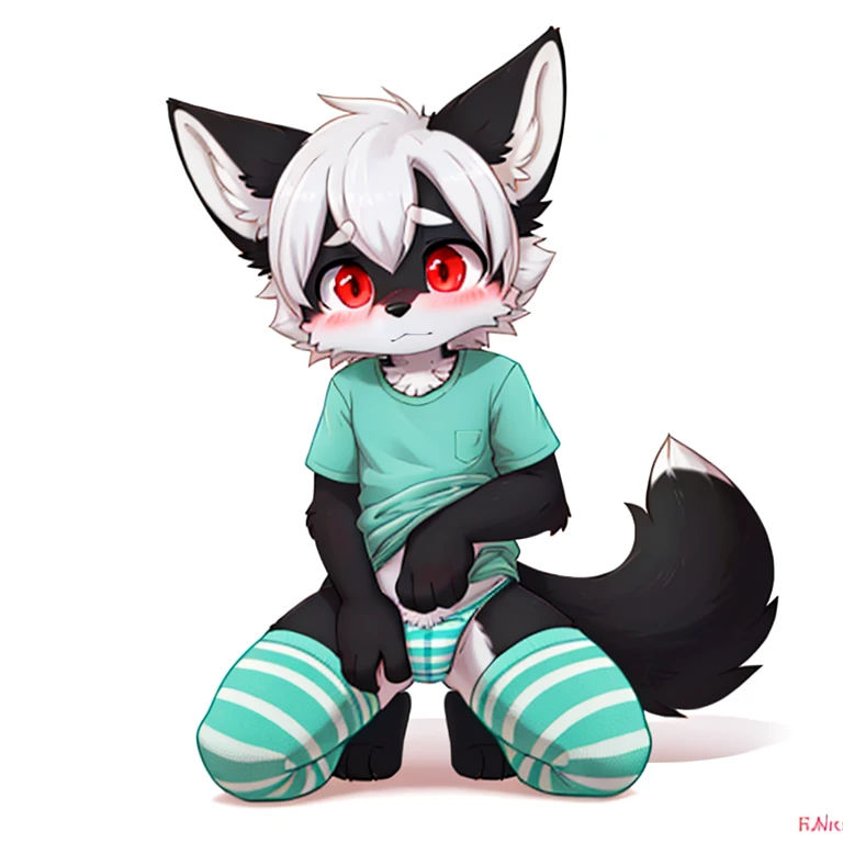 Anthropomorphic youn 8 year olf male black fox, red eyes, twirl tails, fullbody view, solo, on knees, white background, digital art, lifting his shirt, different views, wearing a teal t-shirt and long teal socks with white stripes and teal panties, looking...