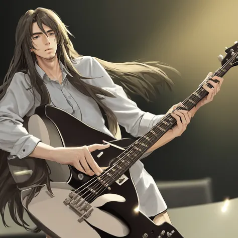 Long-haired man playing guitar