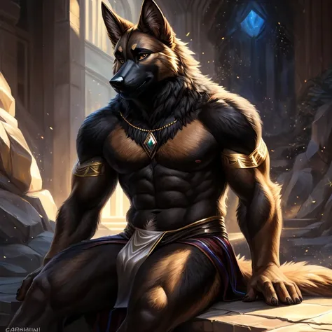 ((anime)), Upload to e621, By Garmash,Luan Jia, dark gem, anthro, male, ((( fine fluffy fur))), ((sitting)), detailed realistic painting, (((bipedal walking))), (((with shadow))) extreme details, ((german shepherd)), loincloth, black body, particles of lig...