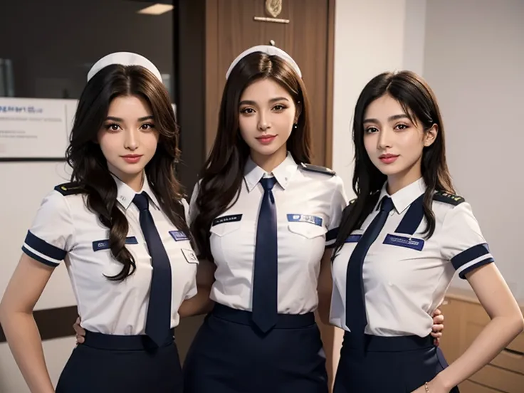 A hyperrealistic 3D image of five sexy Lebanese women in uniform, including office wear, police uniform, stewardess, nurse uniform and school girl uniform, seductive pose and smiling to camera.