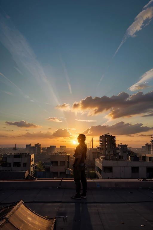 Best quality. A lone survivor, silhouetted against the vibrant sunrise, stands atop a rooftop overlooking the sprawling cityscape of Dying Light 2. In the distance, a lush, overgrown rooftop garden is visible, hinting at pockets of nature amidst the ruins.