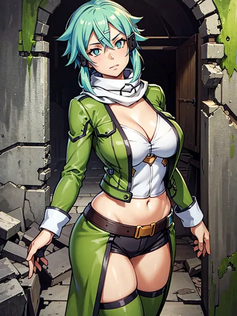 (masterpiece), best quality, expressive eyes, perfect face, highres, sinon1, scarf, fingerless gloves, long sleeves, short shorts, hair ornament, hairclip, green thighhighs, green jacket, thigh strap, field, ruins background, ruined structures, standing, p...