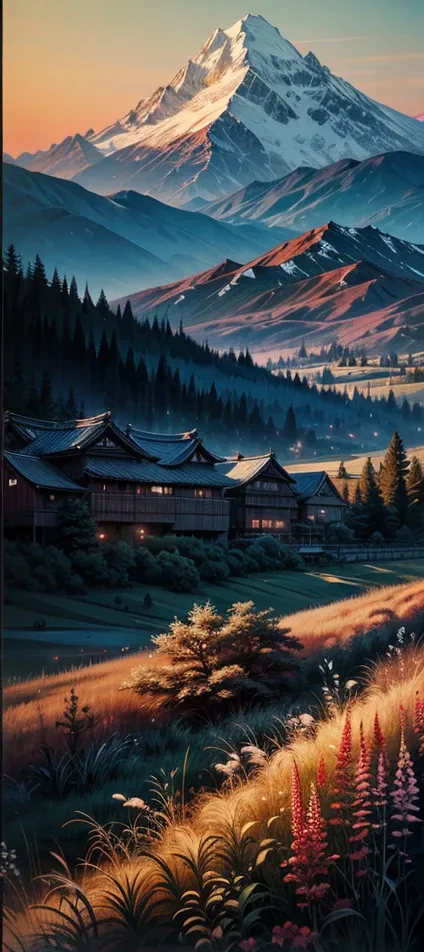 (masterpiece, best quality: 1.2), (no_humans), mountains in the distance, traditional japanese ink painting, houses, mill, meado...