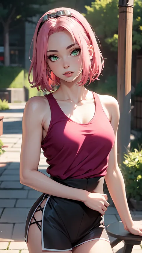 
young woman, short shoulder-length pink hair, wide forehead, porcelain skin, pink eyebrows, big emerald green eyes, buttoned nose, full lips, heart-shaped face, slender body, small breasts, red tank top, Sakura Haruno , realistic, realism, details, 3d, we...