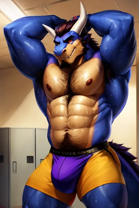 Medium muscular, dragon, scaled, no shirt, no pants, no shorts, jockstrap, anatomically correct genitals, dragon genitals, massive bulge, big bulge, large bulge, bulge as big as his head, zoomed in on crotch, (((sweaty))), arms above head, spread legs, sta...