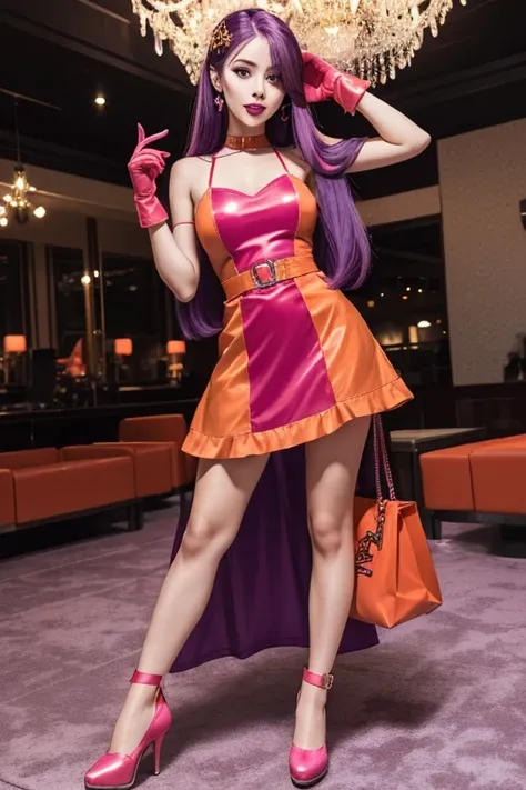 young girl, with long straight purple hair, red lipstick, orange eyeliner, long pink dress with red details, brown bag with stars, and pink gloves, super strength power, crystal shoes. in a party setting
