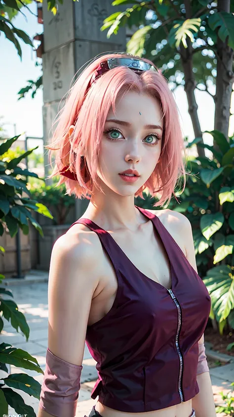 young woman, short shoulder-length pink hair, wide forehead, porcelain skin, pink eyebrows, big emerald green eyes, buttoned nose, full lips, heart-shaped face, slender body, small breasts, red tank top, Sakura Haruno , realistic, realism, details, 3d, wel...