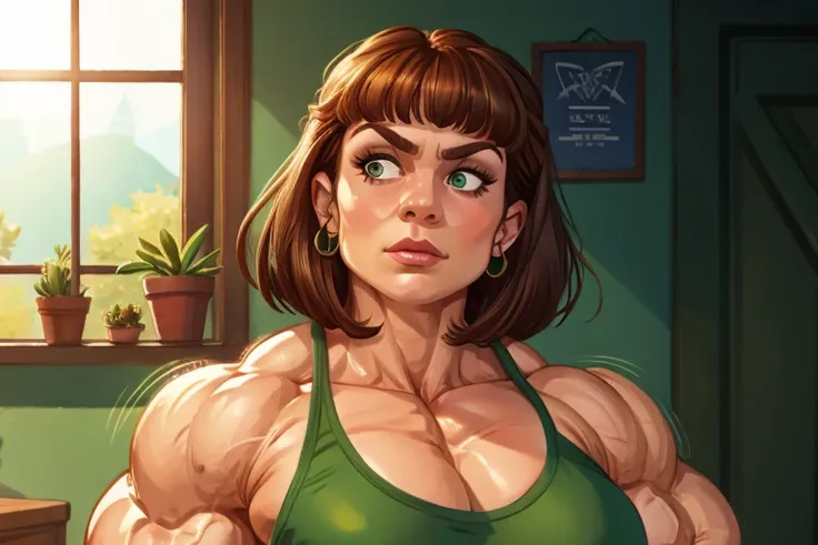 muscle woman with brunette hair, woman with huge muscles, mature woman, stern expression, green eyes