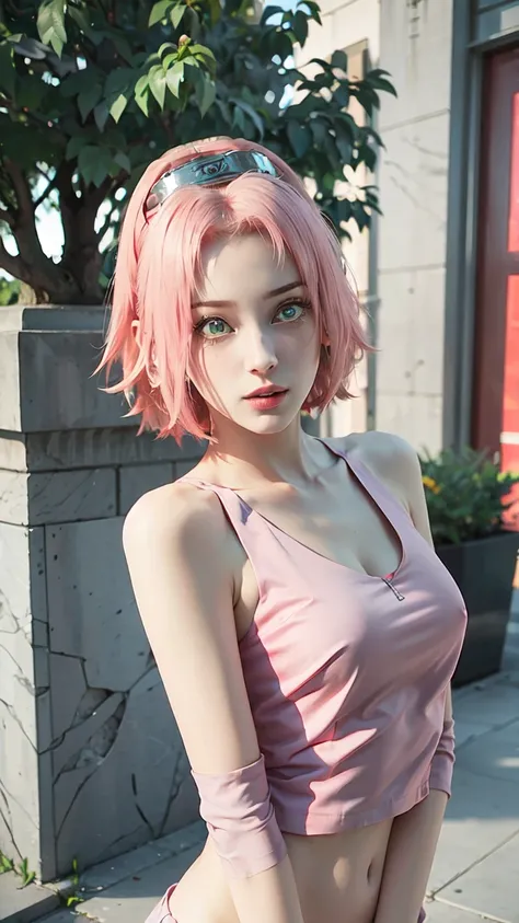 young woman, short shoulder-length pink hair, wide forehead, porcelain skin, pink eyebrows, big emerald green eyes, buttoned nose, full lips, heart-shaped face, slender body, small breasts, red tank top, Sakura Haruno , realistic, realism, details, 3d, wel...