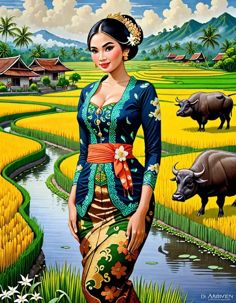 Gorgeous busty alluring curvy seducing javanese peasant woman donning a brocade kebaya dress and batik long skirt, simple bun hairdo with small beautiful flowers in her hair, insanely detailed and intricate terraced rice field background with water buffalo...