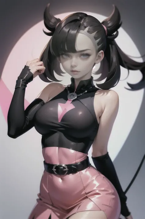 ((masterpiece, best quality)) Marnie, (pokemon), cutesexyrobutts, in a pink dress and black jacket, single character full body, realistic girl wearing a Pink dress, only head and shoulders, russian woman, adult woman, hyperrealistic, style boobapad, cyberp...