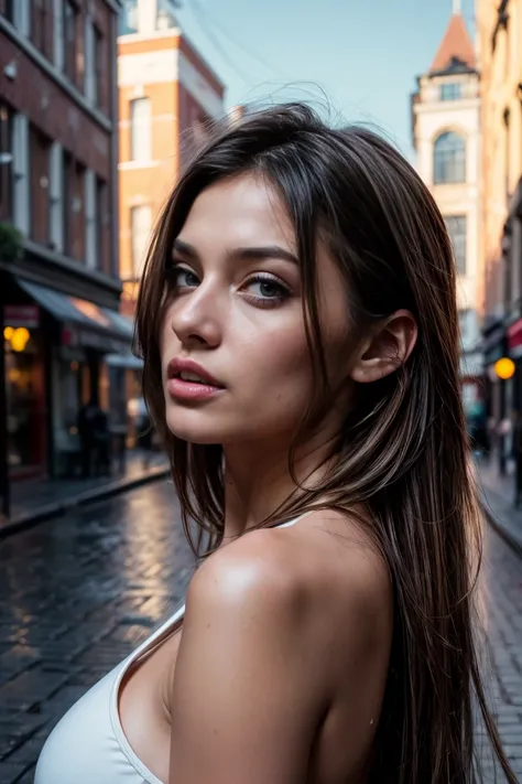 instagram photo, (brunette women), (perfect body), (16k,8k,4K,HD,UHD), standing,red light district,highly detailed face and skin texture,detailed eyes,double eyelids),portrait,sunny atmosphere,soft focus,warm color tones,subtle backlighting,dewdrops on las...