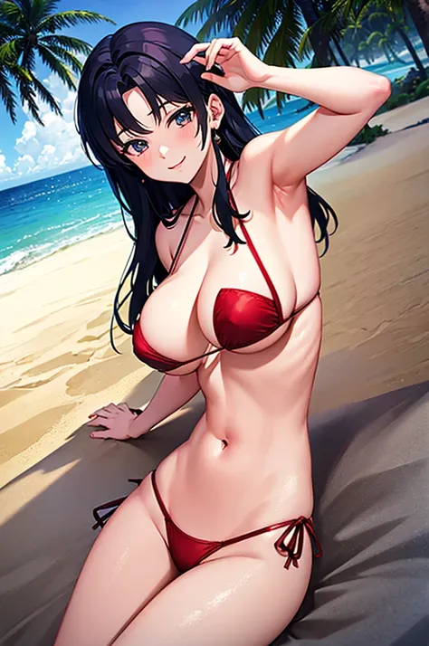 Sonozaki　Misao Sonozaki, masterpiece, best quality, a very attractive sexy mature woman in a bikini lying down on a beach near the sea, 1girl, outdoors, thong bikini, swimsuit, breasts, solo, on stomach, navel, legs up, looking at viewer, smile, cleavage, ...