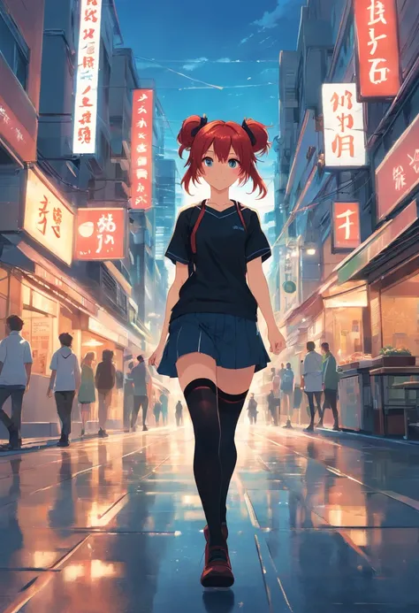 Teenage girl with red hair in two buns, knee-length black T-shirt and black stockings with white lines walks through the city 