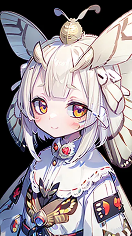 solo,1woman\(cute,kawaii,small kid,skin color white,short white hair,(big moth wing on head:1.7),white dress\(beautiful race\),(...