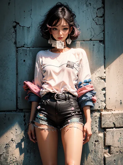 plano general, cuerpo entero, Chico kpop de joven edad con cabello rosa oscuro cortado descolorido y arete blanco en la oreja derecha, chaqueta abierta con camisas azul oscuro, linda sonrisa, ripped black shorts and a big buckled belt, Fondo de pintura, es...