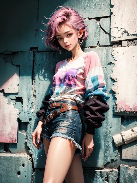 plano general, cuerpo entero, Chico kpop de joven edad con cabello rosa oscuro cortado descolorido y arete blanco en la oreja derecha, chaqueta abierta con camisas azul oscuro, linda sonrisa, ripped black shorts and a big buckled belt, Fondo de pintura, es...