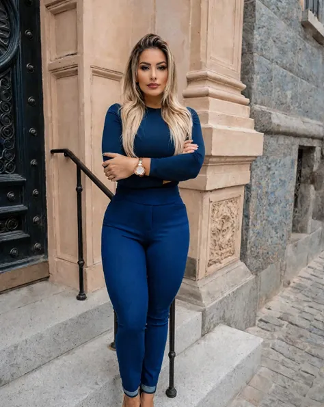 araffe woman in pantalones vaqueros azules standing on steps in front of a building, hermosa hembra gorda, traje azul, cintura d...