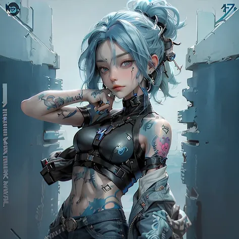 a woman with blue hair and tattoos on her arm, instagram hd, headcrab, cover art, screengrab, crosses, 1 2 k, female android, female fursona, tiktok, 1:1 album artwork, goblinko, 8 h, smiley profile, famous artist, inspired by Georg Schrimpf, 2 0 7 7