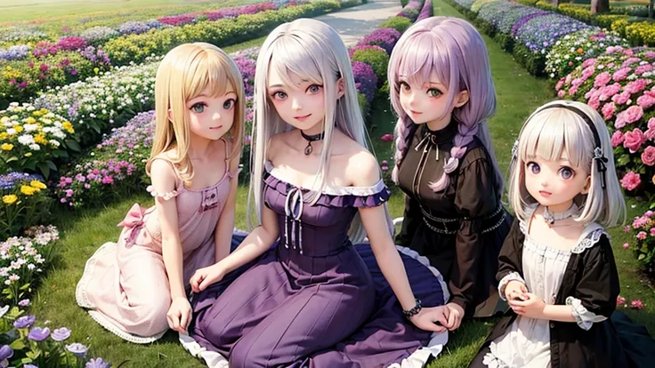 Silver Haired Girl　Blonde girl　Pink Hair Girl　Purple Hair Girl　Beauty４people　Flower Field