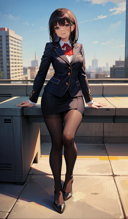 highest quality, Full body portrait, Delicate face, Pretty face, 25-year-old woman, Slim figure, Small breasts, OL Uniform, Office Clothes, Black Stockings, Outdoor Scene, Seating position