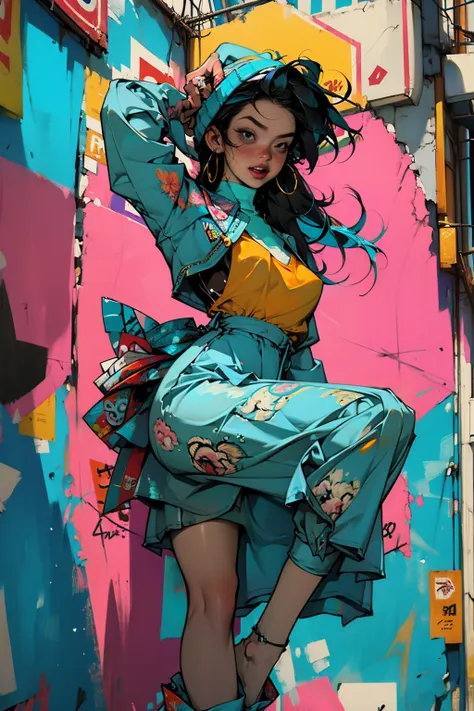 (high resolution:1.2),ultra detallado,realista,sharp focus,vistoso,paredes cubiertas de graffiti,street arteist girl,ropa vibran...