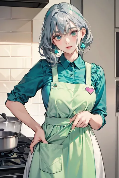 She has a head of tall, puffy, blue-grey hair, and wears a pair of pale emerald green earrings. She typically wears a magenta shirt, and a cooking apron with a heart on it. SPARKLE; GLITTER