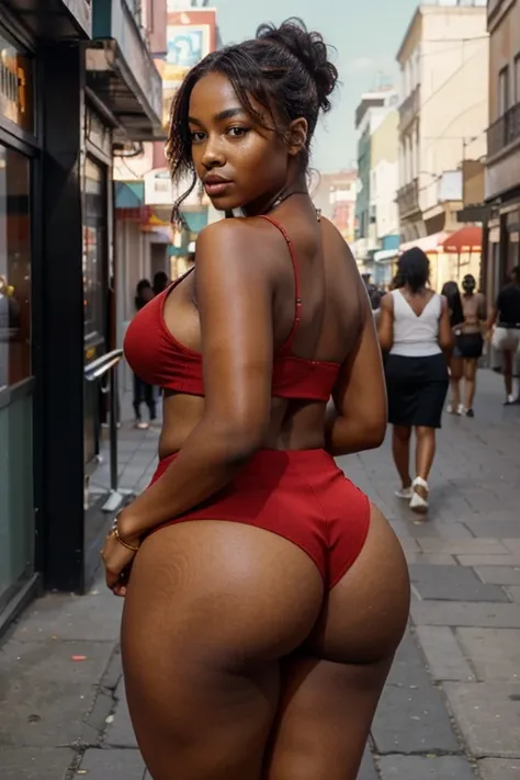 (best quality,highres),African woman,well-built,light-skinned,standing,curvy figure,125 kg,red mini skirt,beautiful face,brown eyes,strong walk,confident,curvaceous,body positivity,big booty,street scene,vibrant atmosphere,urban environment,crowded streets...