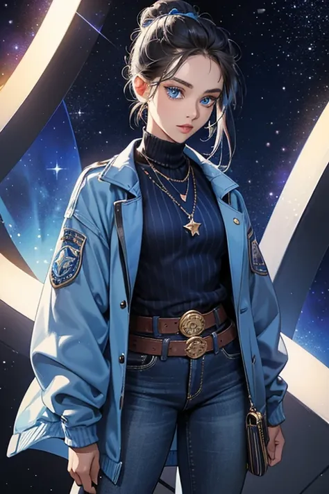 She is a slender teen girl with dark skin, blue eyes, lips, and hair held in a bun. Her outfit consists of a dark blue striped sweater under a long sky blue jacket with star patterns and jeans with a star belt. Her accessories consist of her star-charmed w...