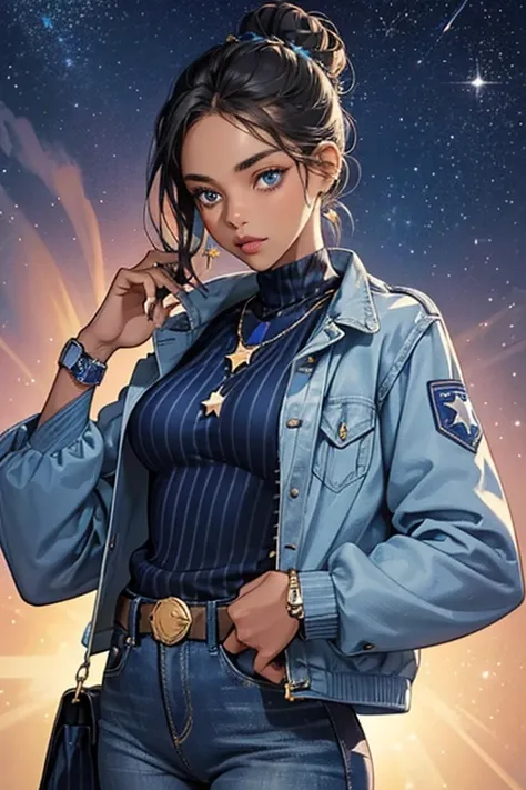 She is a slender teen girl with dark skin, blue eyes, lips, and hair held in a bun. Her outfit consists of a dark blue striped sweater under a long sky blue jacket with star patterns and jeans with a star belt. Her accessories consist of her star-charmed w...