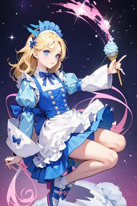  She has big blue eyes, fair skin, and thick, medium-length, blonde hair held back by a blue checkered ribbon with a bow and a spiral button attached to it. Her dress was designed to be a blue cooking outfit by a chef coat with a small white apron that has...