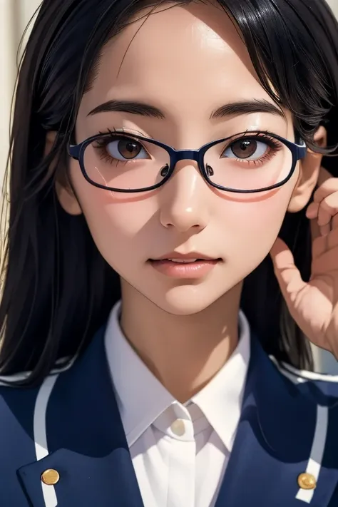 (masterpiece, highest quality), one girl,  satou, satou, glasses, 赤いフレームのglasses, navy blue sailor suit, satou, glasses, 赤いフレームの...