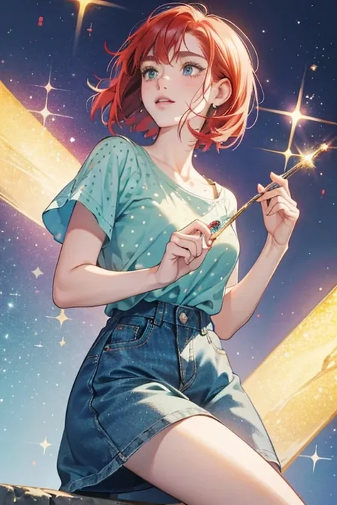 short red hair, green eyes and fair skin with freckles. She also wears a blue jean dress with gray polka dots on it, a light blue T-shirt and purple mary janes. SPARKLE; GLITTER