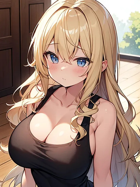 Tabletop, highest quality,figure, wallpaper, Super detailed, Absurd beauty、1 beautiful girl、(Blonde、long、Wavy Hair、Ample breasts、Very large breasts、View your viewers、Looking up)、the distance is close、Black tank top、clavicle、blush、Shyness