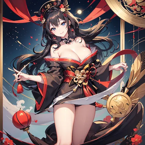 ((blackい髪　geisha　black　fan　one person　Lonely　Bruises　smile　Large Breasts　Kimono that exposes the shoulders))　((night　Japanese style　old　Heart symbol　cute))　(Dance　blue eyes　Shining Eyes)　moon　star　Catch the wind