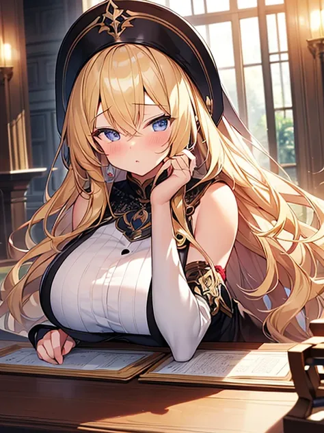 Tabletop, highest quality,figure, wallpaper, Super detailed, Absurd beauty、1 beautiful girl、(Blonde、long、Wavy Hair、Very large breasts)、(((Kiss the viewer)))、Close your eyes、blush、Shyness