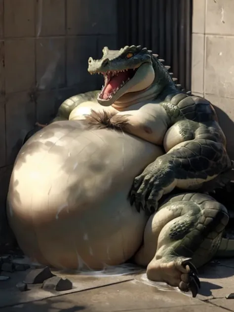 Very obese grey crocodile、Crocodile lying sideways、Sitting on the toilet pose、Spitting out of the mouth、Spit、Grey Scales、Scales all over the body、Very long armpit hair、Lots of belly hair、Bushy chest hair、Very short legs、Screaming facial expression、Roaring ...