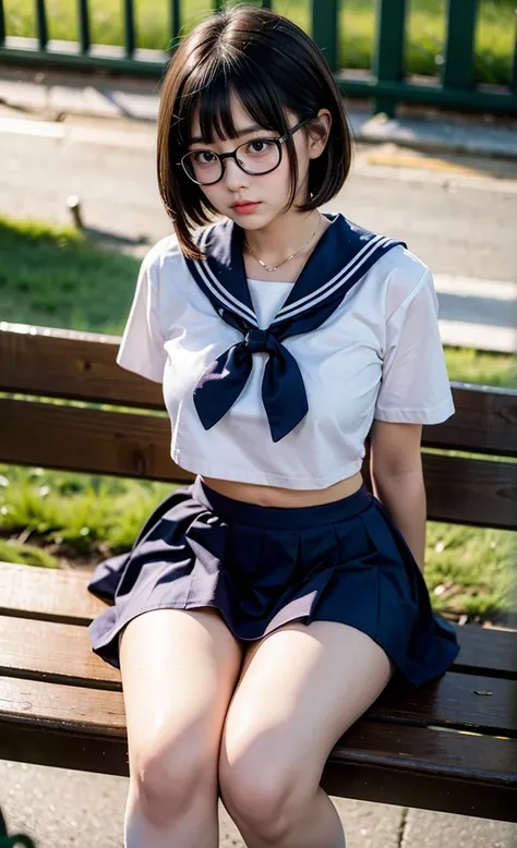 realistic, 1girl, eye glasses, shy, blushes, sitting on bench, abandoned school, sunset, dark skies, bob hair, hair bangs, white crop top sailor uniform, cleavage, big bust, tummies, short skirt, tights, knees,