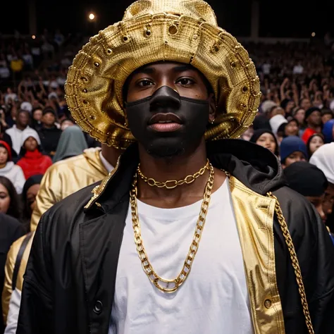 Young black man singing at the SHOW and many people watching, Several gold chains around his neck, White clothes with a hood on his head ,homem mascarado