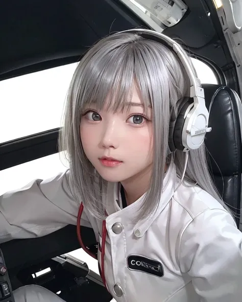 窓から見える夜空のbackground、最high quality、Best image quality、masterpiece、With a girl((White suit、18-year-old、 Ager、cute、,beautiful shining gray eyes,Great Valley、 Disheveled silver hair、Long Hair、Slender,Headphones、Sit in the cockpit、 face、Anxious face、Grip the co...