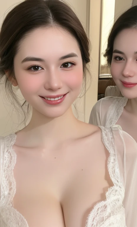 (realistic、masterpiece、Best Quality、8K、highres、white background, high resolution:1.3)、1 chubby girl:1.3)、(smile,show teeth), ((((very very gigantic sagging breasts:1.3))))、looking at viewers, black lace bikini、pale white skin、very blond hair ,very pale ski...