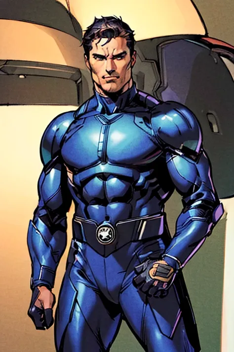 (highres,ultra-detailed,realistic:1.4),superhero man,dark blue armor,dark blue armor pants,black gloves,black arm stripes,no logo on armor,brown hair,superhero base