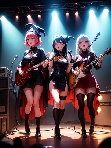 A three-woman metal band dressed in witch costumes、Arrived in Japan and held a mass at a live venue、Neck slashing pose、The intense performance was a huge success、Metal band performance、Fearless expression、Live venue lighting、The band&#39;s concept was a re...