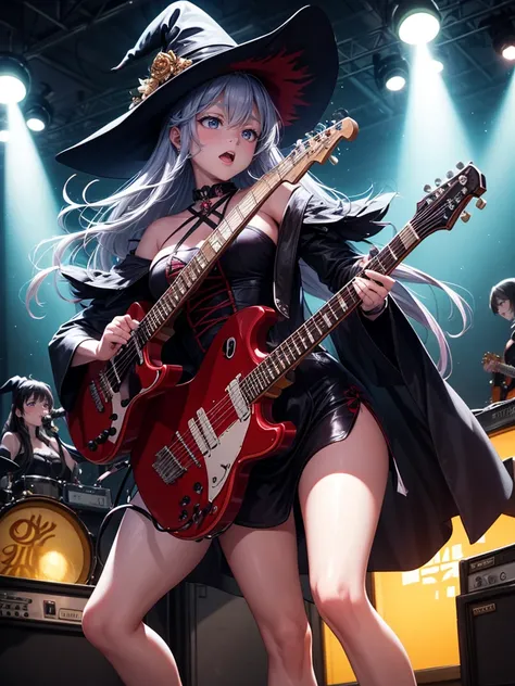 A three-woman metal band dressed in witch costumes、Arrived in Japan and held a mass at a live venue、Neck slashing pose、The intense performance was a huge success、Metal band performance、Fearless expression、Live venue lighting、The band&#39;s concept was a re...