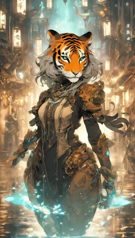 Chinese ink style，Steampunk world，Tiger-shaped steampunk warframe girl，Jet steam is suspended in the city air，Ink animation art，Ink comic art，water ink，ink，Smudge，8K，Delicately portrayed，Works of masters，Black and white tones