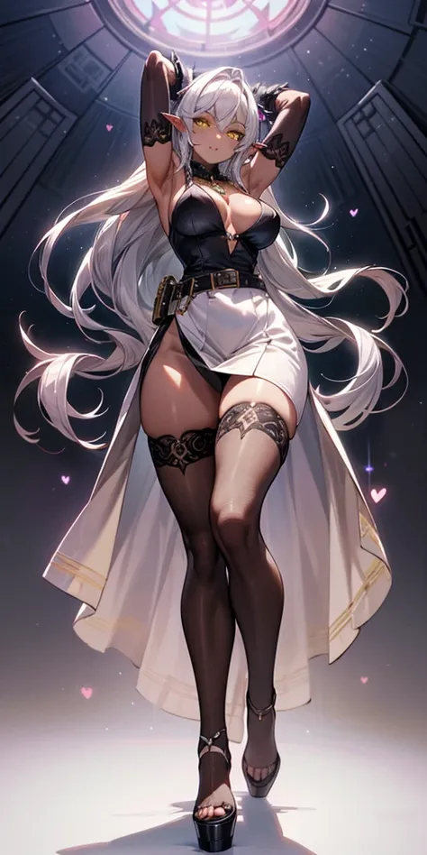 Pirotess dark elf. 1solo girl Qun Qun Na Olganite dark skin elf succubus, white silver long hair, yellow eyes, white dress, black stockings, white high heels, jewelry necklace, fur coat, big belt heart shaped, portrait full body view from below, detached s...